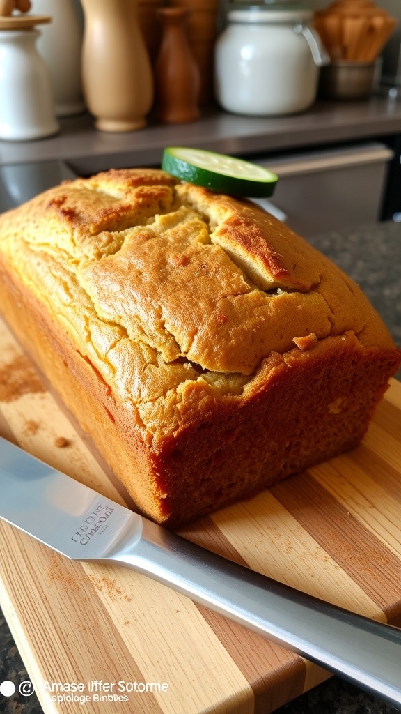 A loaf of golden zucchini bread on a cutting board, garnished with zucchini slices.